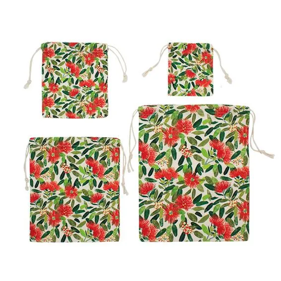 100% NZ Pohutukawa Print Drawstring Bags 4 Pack