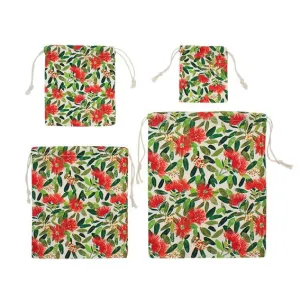 100% NZ Pohutukawa Print Drawstring Bags 4 Pack