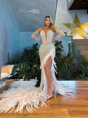 Addisyn Feather  V Neck Long Sleeves  Wedding Dress