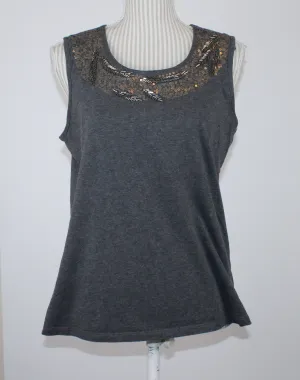 AMANDA GREEN GREY FEATHER BEADED TOP LADIES MEDIUM PRE-LOVED