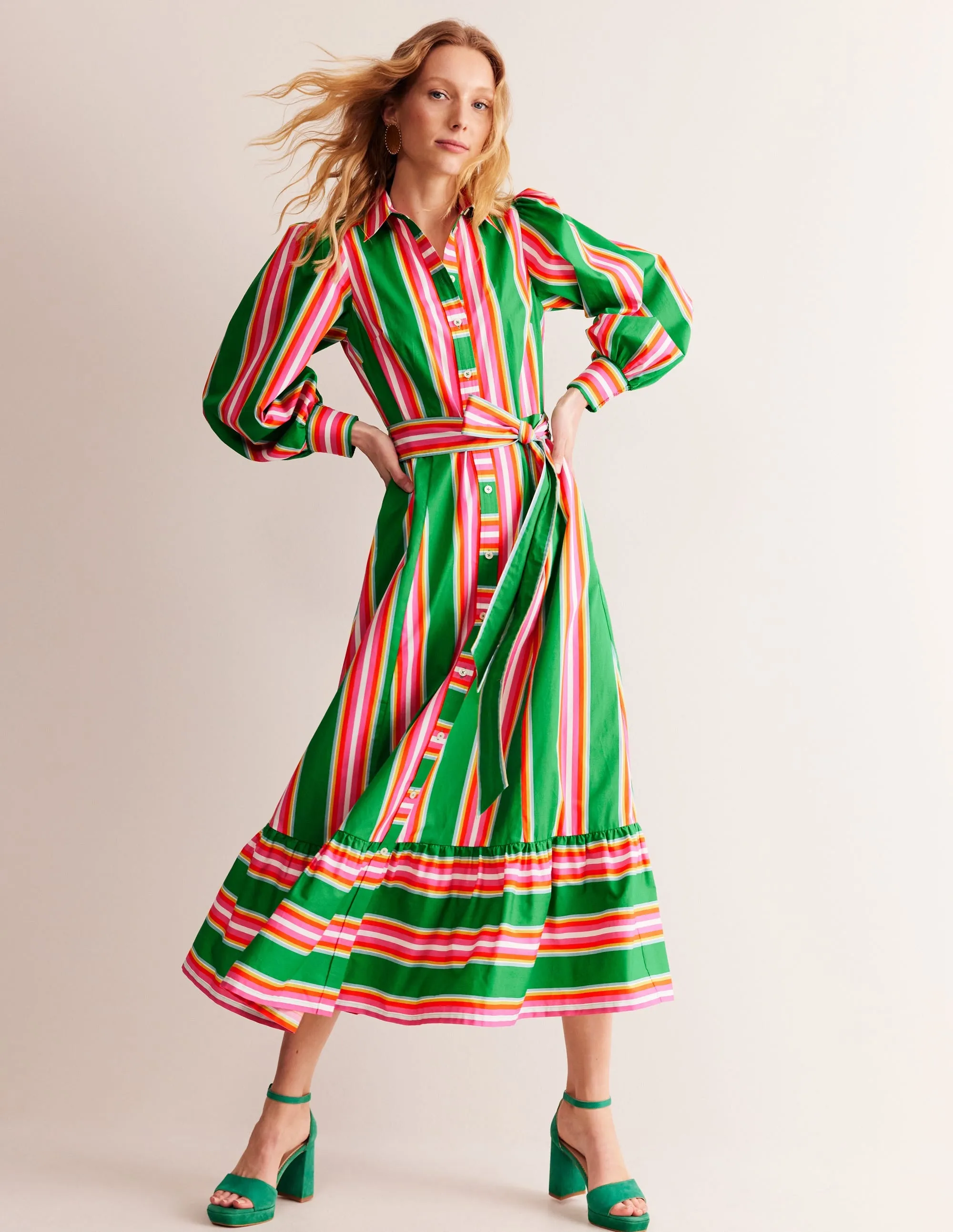 Cotton Midi Shirt Dress-Green Tambourine, Pink Stripe