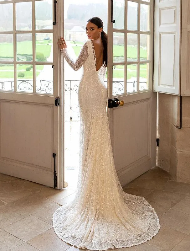 Karen Elegant High Neck Long Sleeves White Wedding Dress