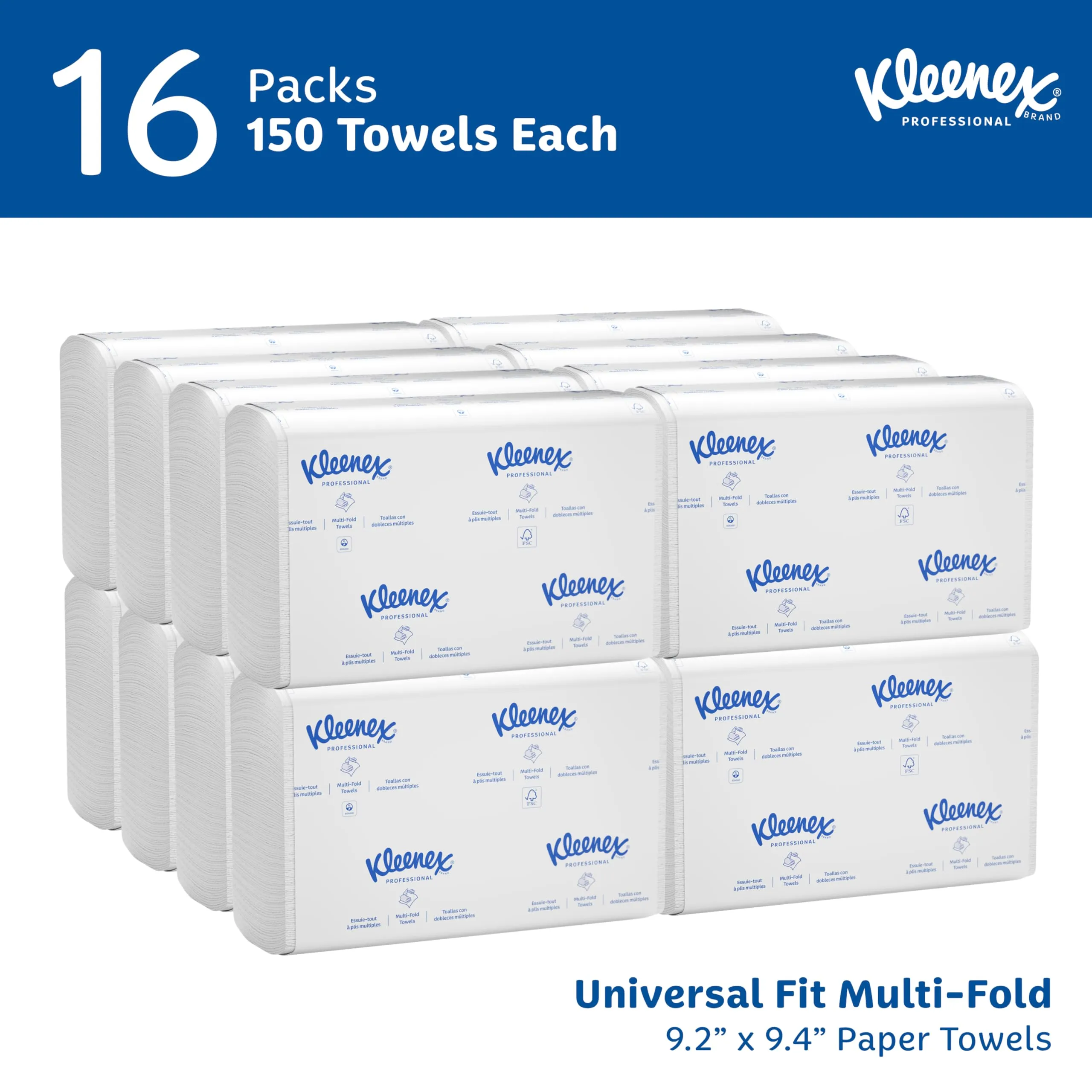 Kleenex Professional Universal Multifold Paper Towels, Bulk (01890), Absorbency Pockets, 9.2" x 9.4" Towel, White (150 Sheets/Pack, 16 Packs/Case, 2,400 Sheet Total)